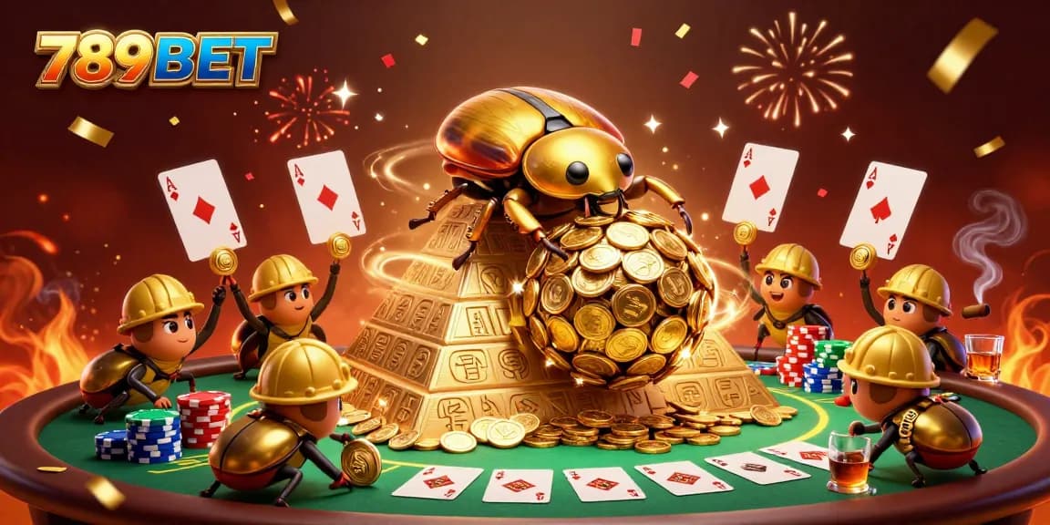 Experience thrilling gameplay at 789BET's vibrant casino with 3D cartoon beetles and golden coins.