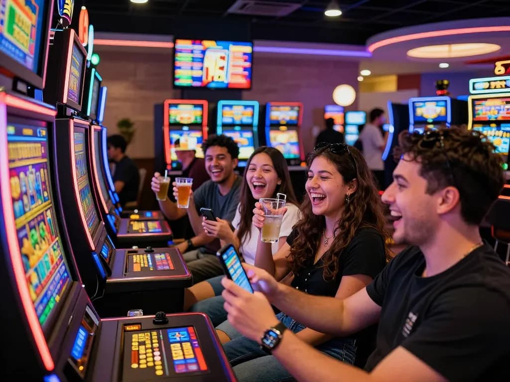 Exciting atmosphere at nhà cái 33win showcasing friends celebrating a win in a vibrant casino.