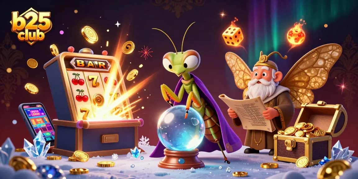 Experience the excitement of b25club with 3D cartoon fortune teller and dynamic casino elements.