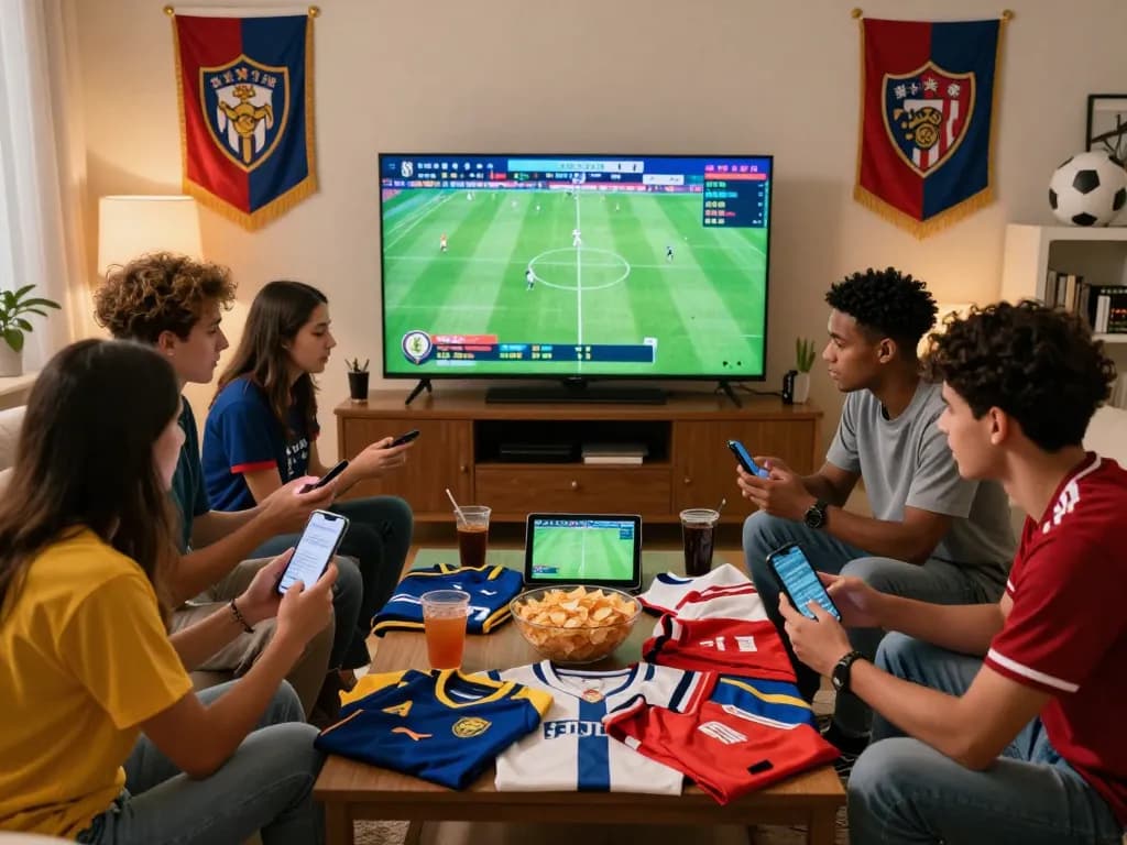Group of friends at a lively sports betting party analyzing 1gom football match stats on smartphones and enjoying snacks.