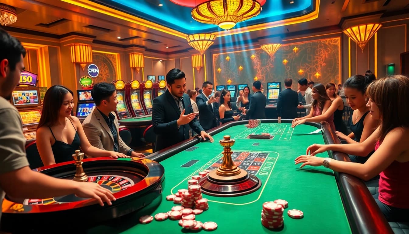 Exciting casino action showcasing thương hiệu OPEN88 with players at a roulette table.