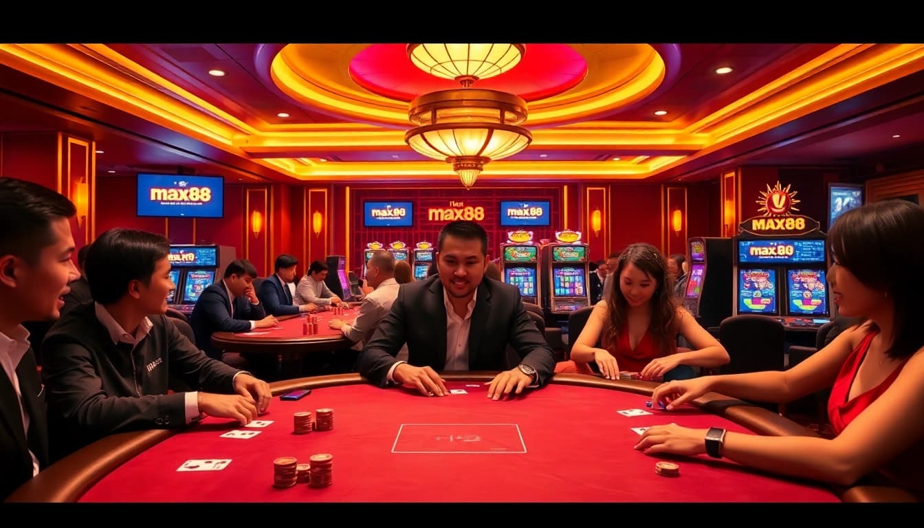 Players enjoying the excitement of gambling at nhà cái max88 casino with vibrant chips and cards.