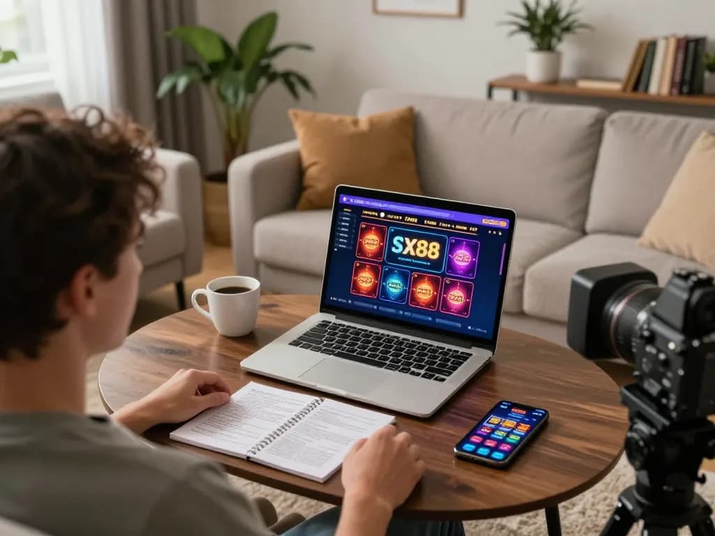 SX88 online casino interface displayed on laptop during relaxed home gaming session.