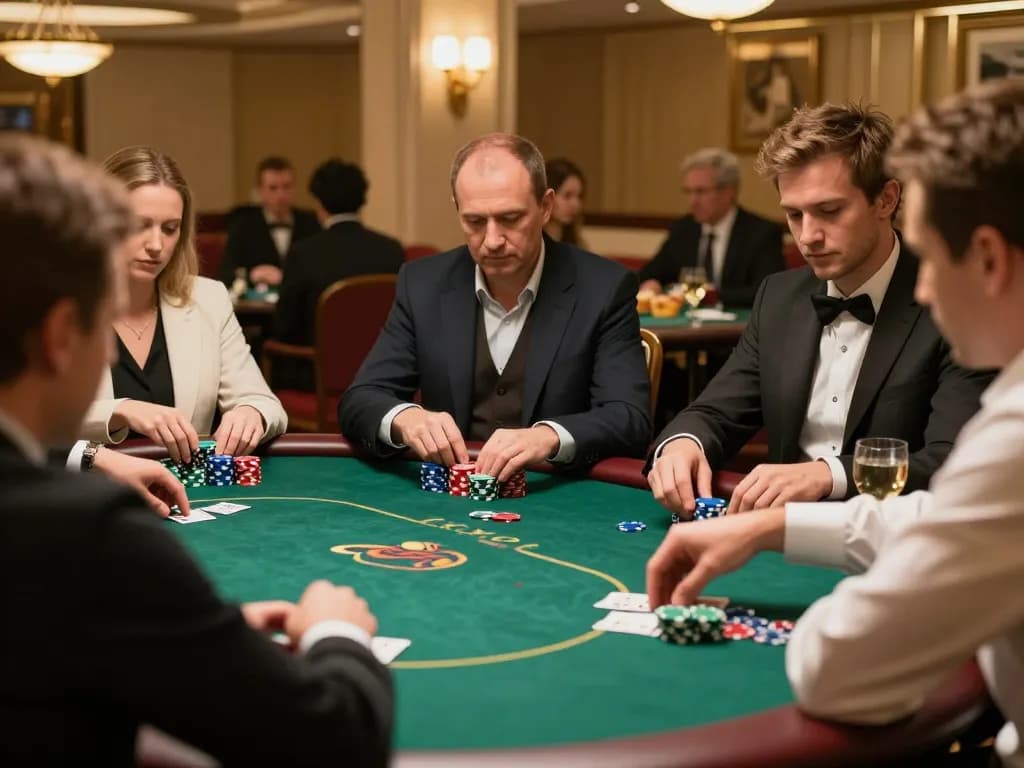 King88 players engaged in a strategic poker match, chips stacked high on the table, emphasizing competitive gaming.