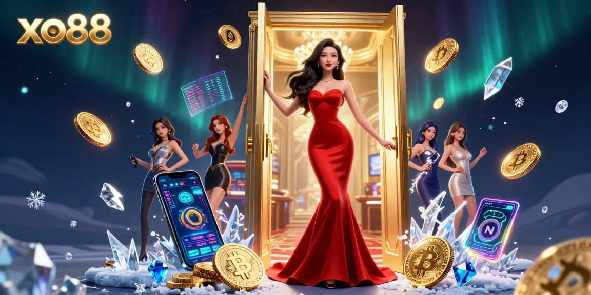 Win big on xo88 with an enchanting casino scene showcasing a stunning woman and glowing cryptocurrency elements.