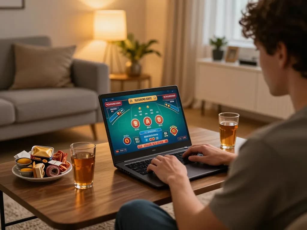 Sv368 player engaging in live casino Baccarat at home, showcasing modern gaming setup and comfort.