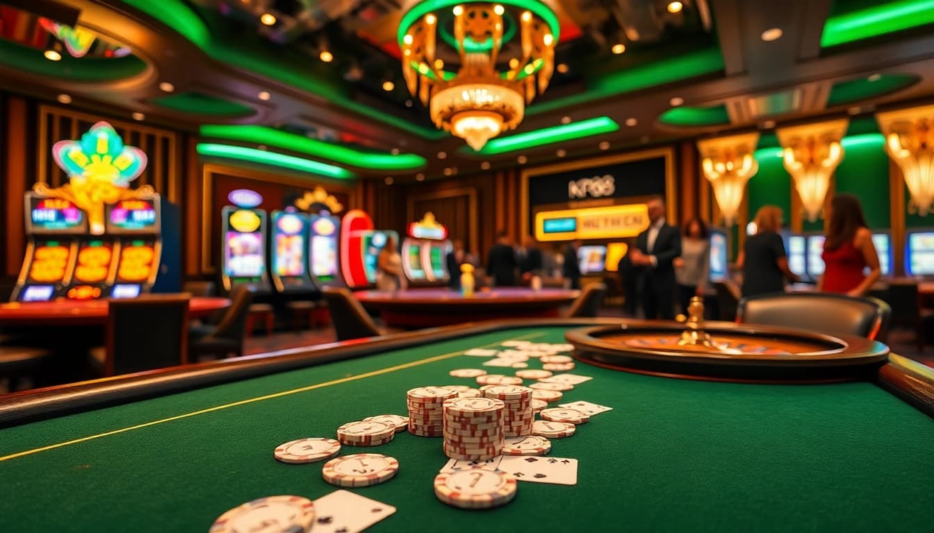 Engaging poker scene at KP88 casino, highlighting excitement with chips and cards.