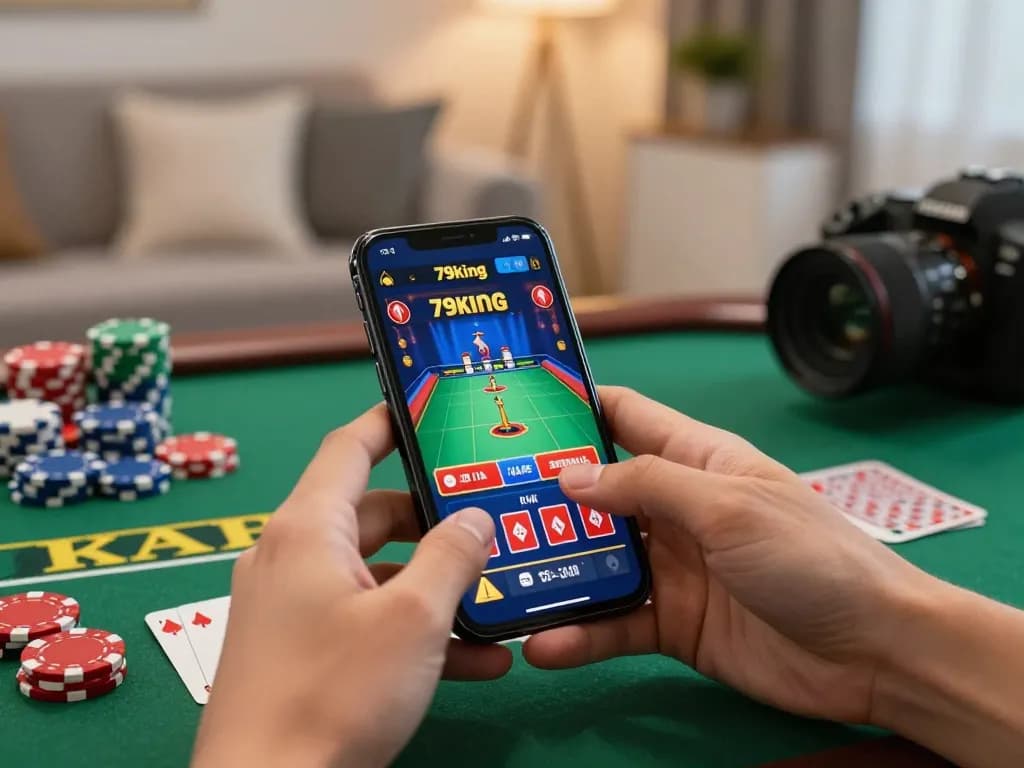 Playing the 79king betting app on a smartphone in a cozy gaming setup with vibrant cards.