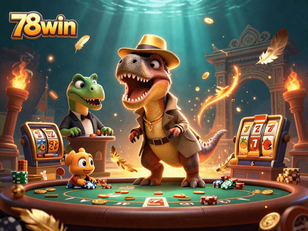 Engage in thrilling gameplay at 78win with animated velociraptor at blackjack, showcasing dynamic casino elements.