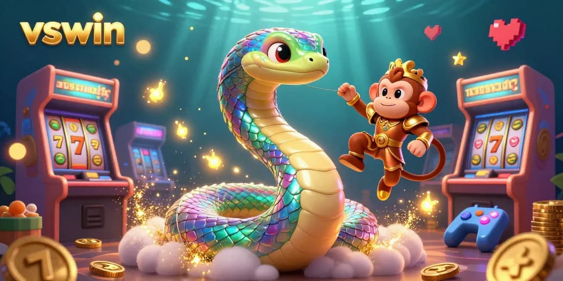 Experience the vibrant world of vswin with a playful monkey king and a shimmering rainbow serpent in a casino-themed illustration.