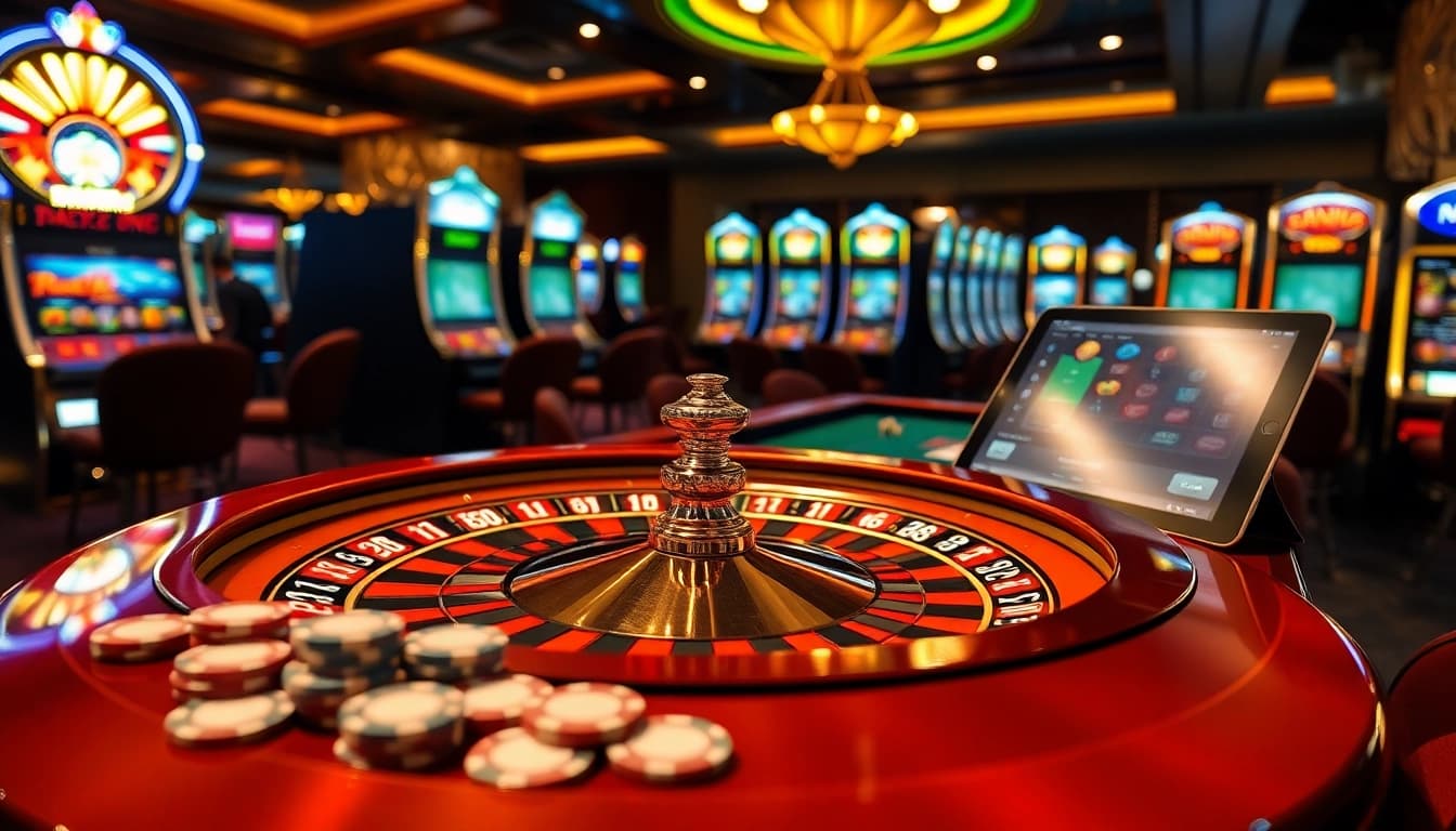 Experience excitement at a luxurious casino scene showcasing 188V COM with roulette and poker.