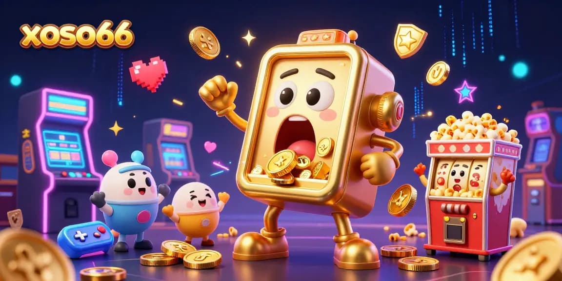 xoso66 brings excitement to players as a golden slot machine hits a jackpot amidst cheering baby slots and vibrant arcade elements.