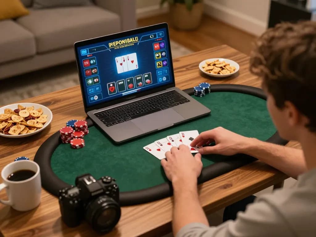 Luckywin win captured during online poker gameplay at home, showcasing focused player and cozy atmosphere.