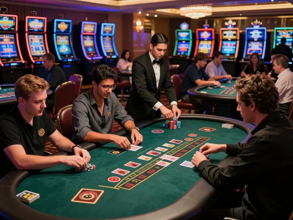 Engaging players at Link mới Vin88 blackjack tables in a lively casino atmosphere.