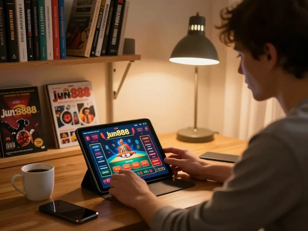 Engaging user plays jun888 online casino game on tablet in cozy home office setting