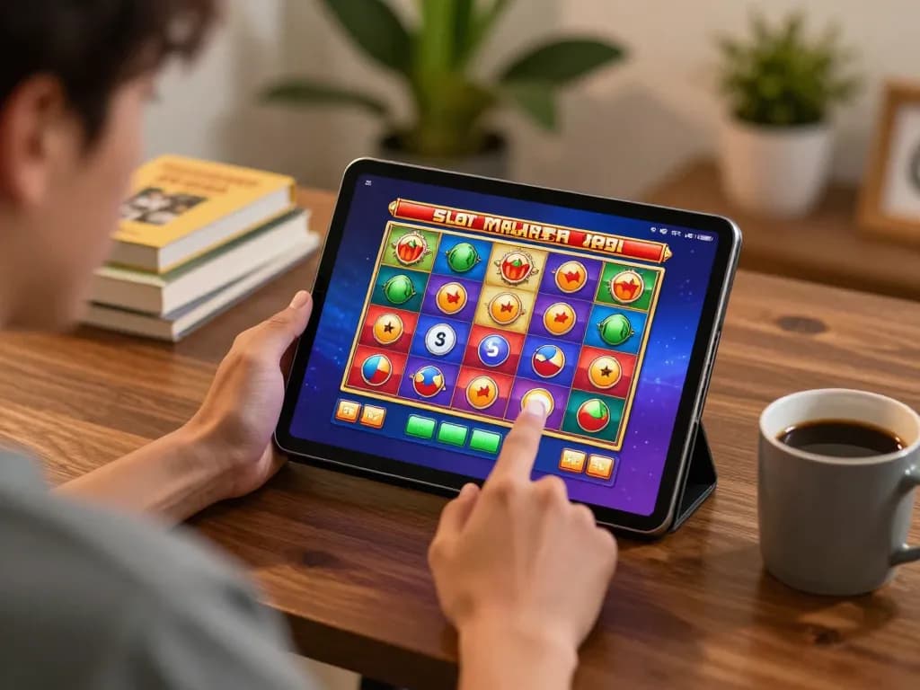 Engaging gameplay on Slot Malaysia with a player focused on the tablet in a cozy home setup.