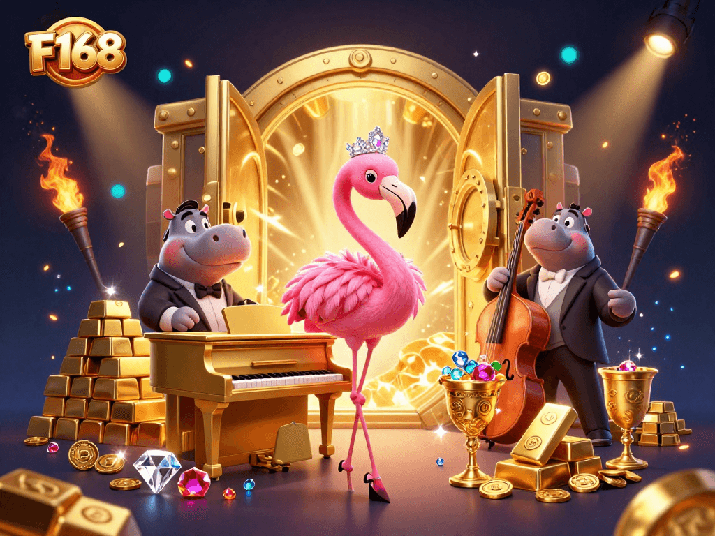 Engage in thrilling action at F168 with vibrant illustrations of entertaining casino characters and treasures.