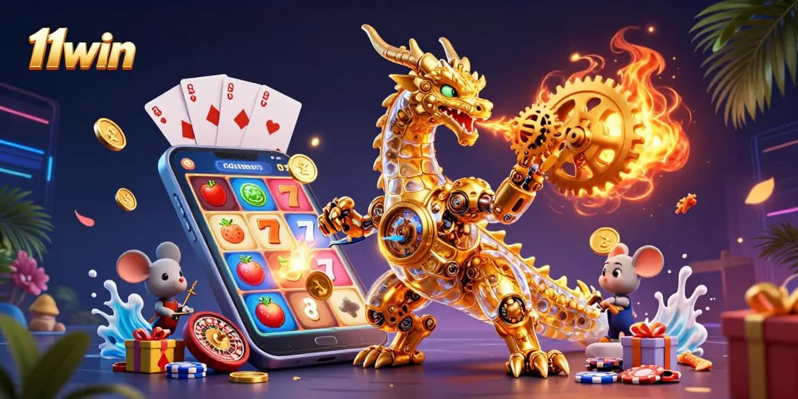 Play exciting slot games with 11win, featuring dynamic dragons and vibrant casino elements.