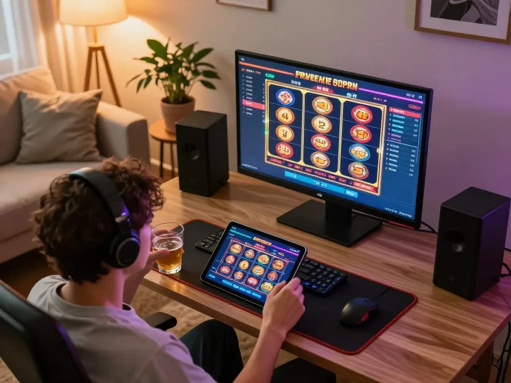 Engaging in responsible online casino 789win gaming on a tablet at home with colorful graphics.
