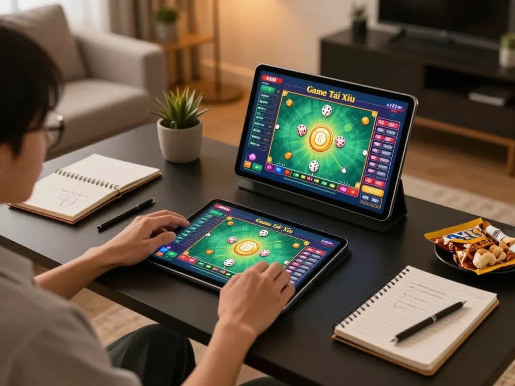 Engaging player immersed in Game Tài Xỉu online on a tablet, showcasing dynamic gameplay and strategy.
