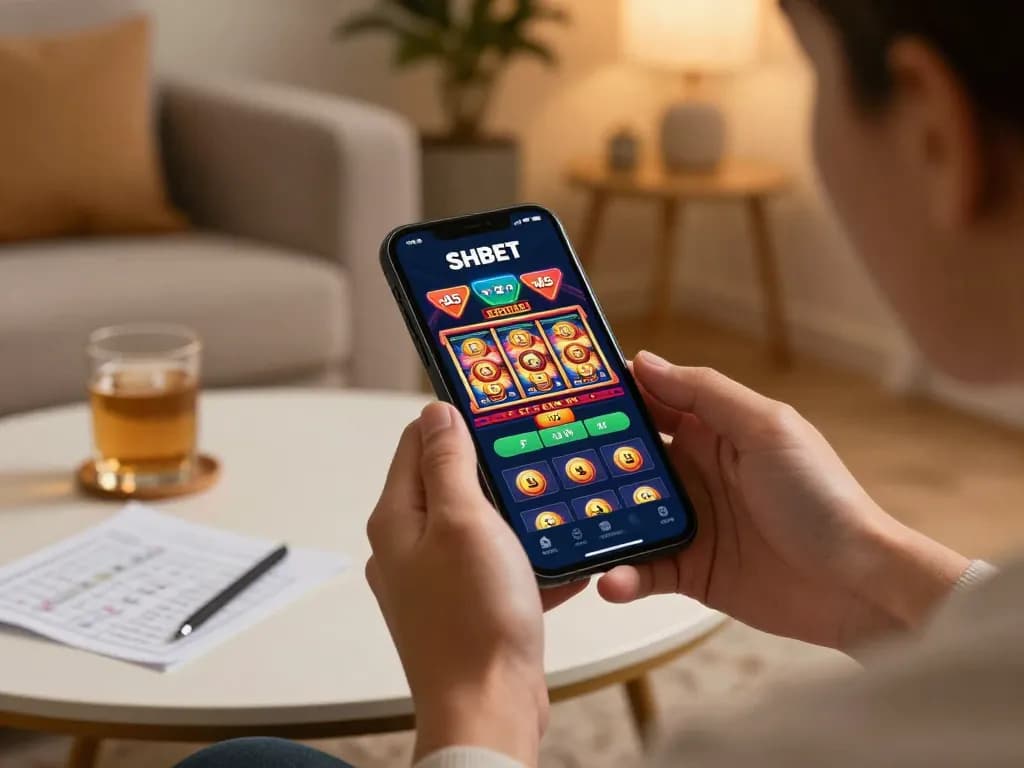SHBET mobile gaming experience, showing dynamic slot game action on a smartphone in a cozy setting