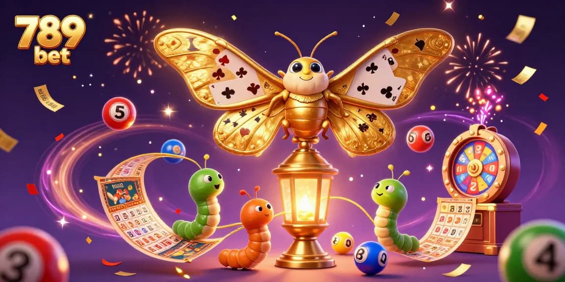 Experience the thrilling world of 789 bet with vibrant lottery elements, golden moth, and festive decorations.