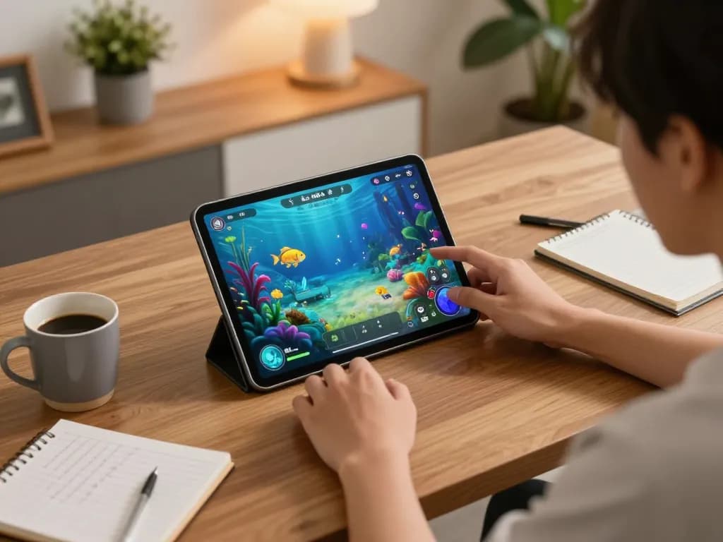 bắn cá mb66 gameplay on a tablet in a cozy home setup, focusing on strategic moves and engagement
