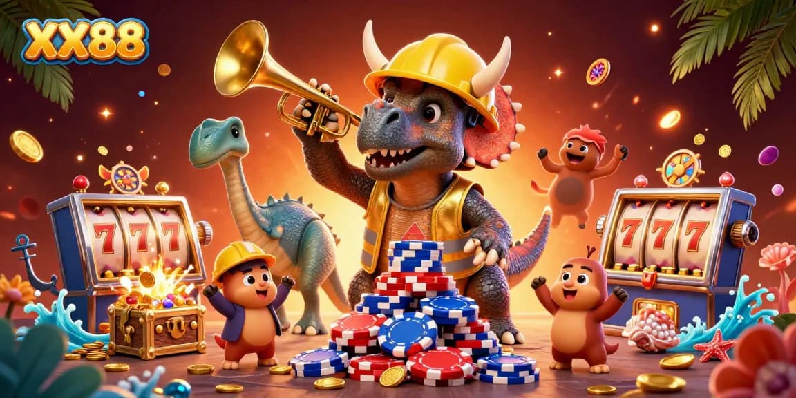 Join the excitement at XX88 with a vibrant casino scene featuring playful dinosaurs and dynamic gaming elements.