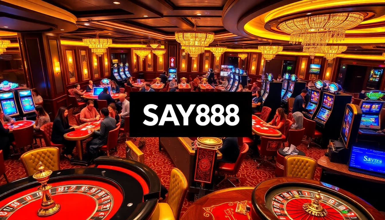SAY88 casino scene with players engaging at tables and a roulette wheel, creating a thrilling atmosphere.