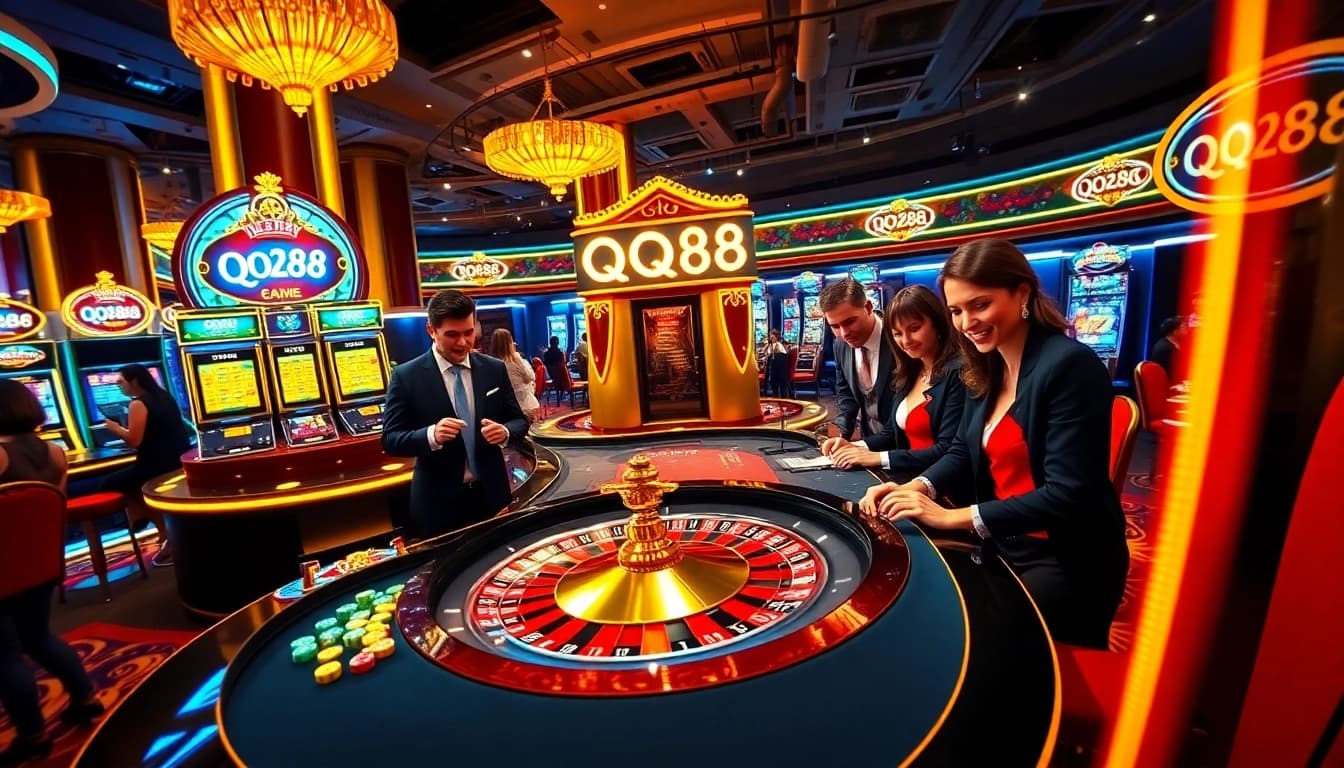 Experience the excitement of gambling at QQ88 with players engaged in thrilling casino games.