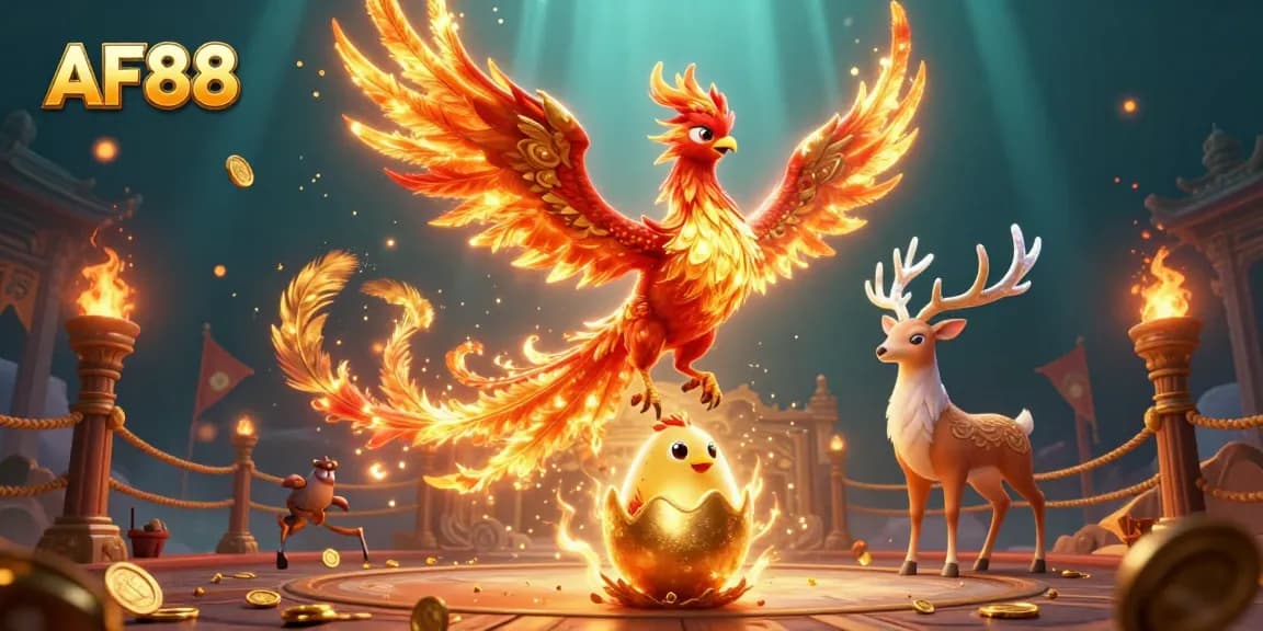 Experience the excitement of AF88’s games with a vibrant phoenix and engaging casino elements.