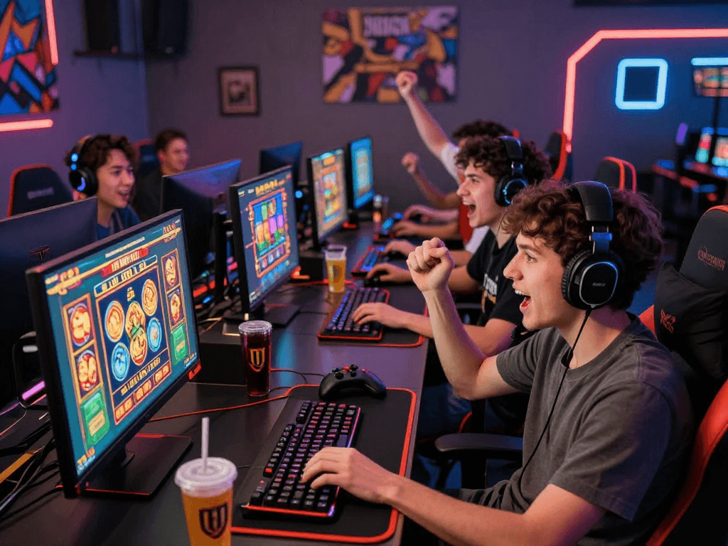Excited players at dynamic gaming setup celebrating wins at non UK casinos featured on https://ghsc.co.uk, showcasing vibrant gaming atmosphere.