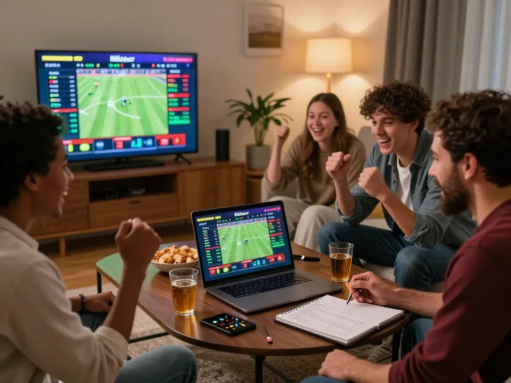 Friends enjoying live sports betting on rikbet platform during a cozy gathering.