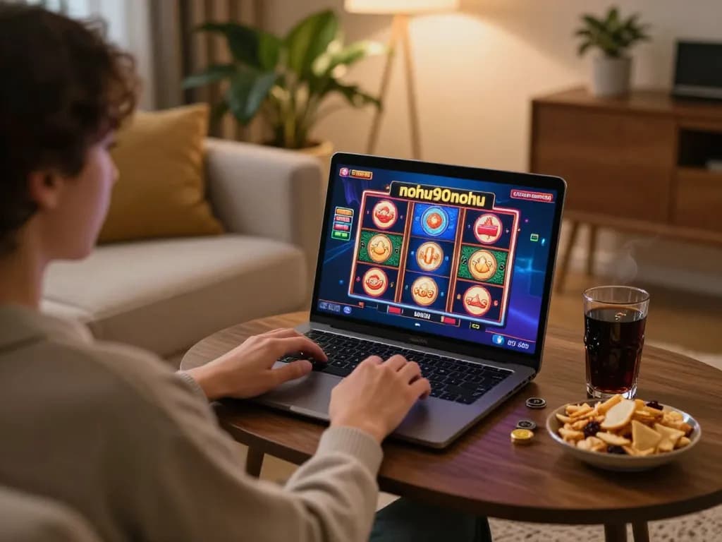 Engaging in nohu90nohu slots gameplay from a comfortable home setup