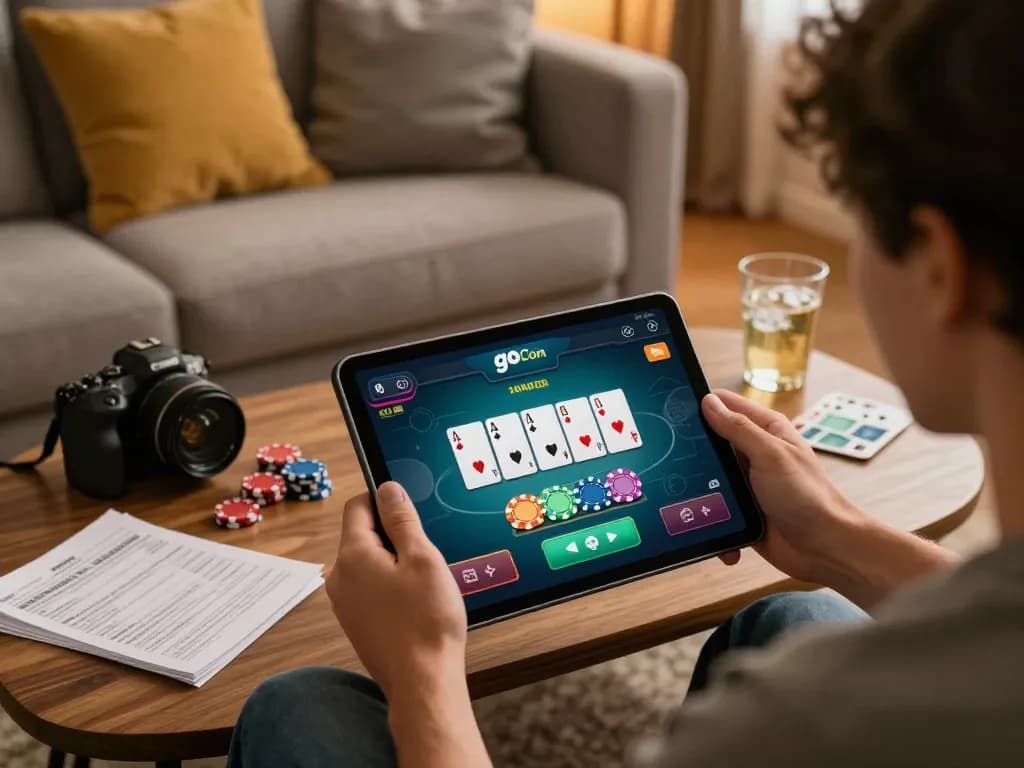 Engaged player enjoying blackjack on go8 com app in a cozy home environment.