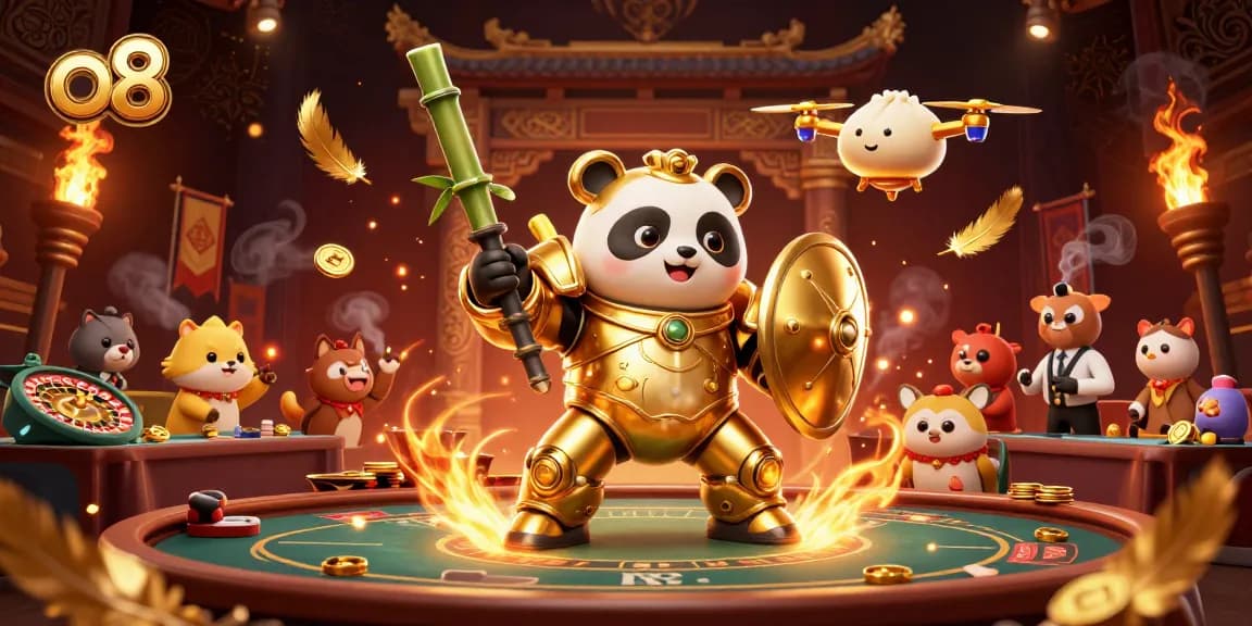 Experience exciting gameplay at o8 with a lively casino scene featuring a golden panda in action.