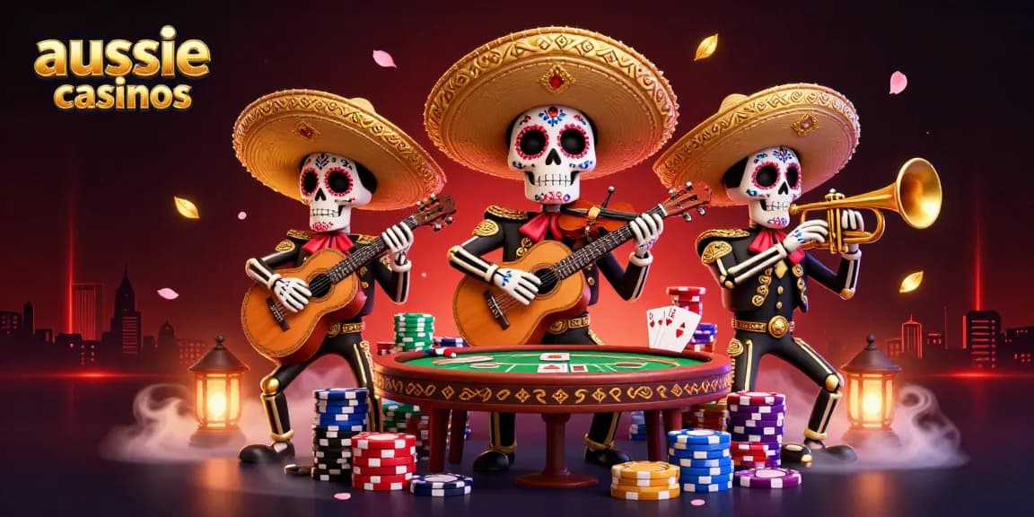 Play exciting games at aussie online casinos with vibrant mariachi skeletons and poker elements.