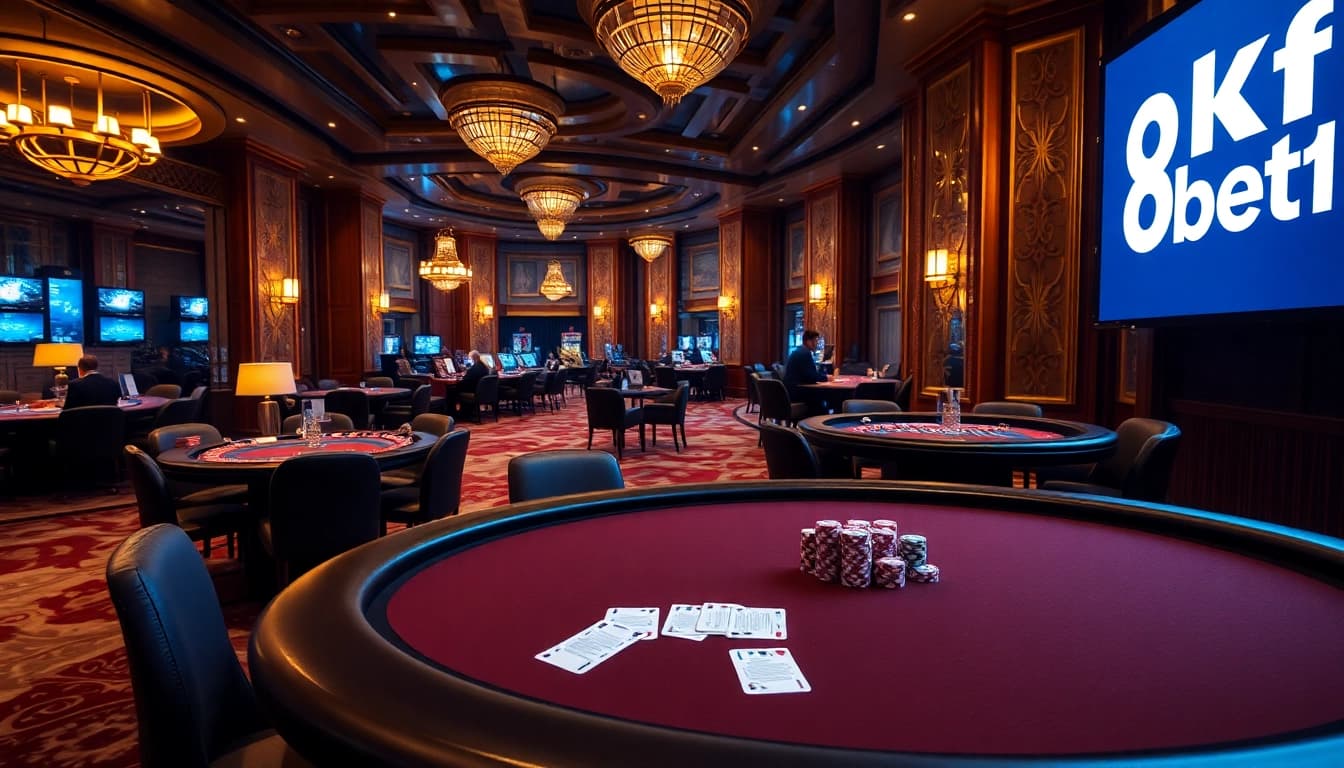 Experience the excitement of gambling at 8kbet1 with luxurious casino tables and vibrant gaming elements.