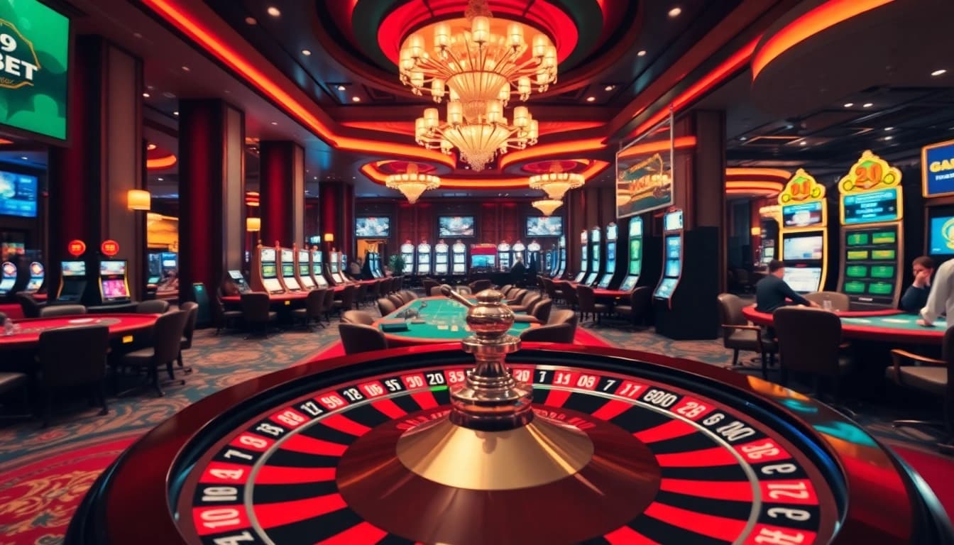 i9bet players enjoying an exciting game at a luxurious casino with vibrant slot machines and roulette.