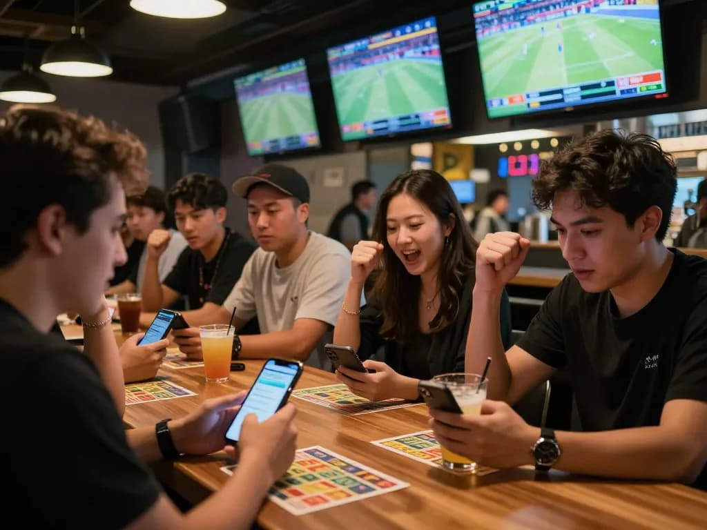 Tỷ lệ kèo nhà cái hôm nay displayed on screens at a bustling sports bar, with patrons actively betting and celebrating.