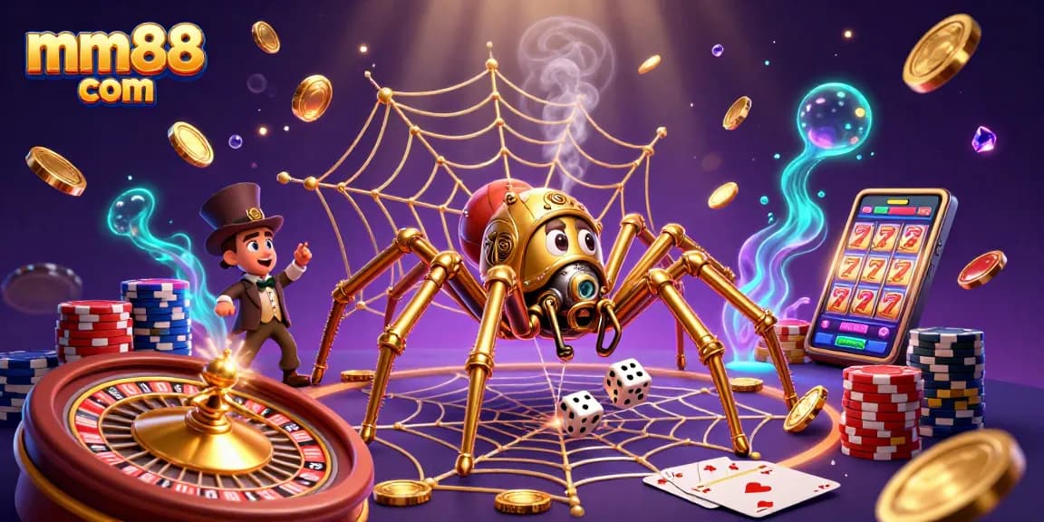 Engage with exciting strategies at mm88 com while captivating golden spider spins luck-filled web.
