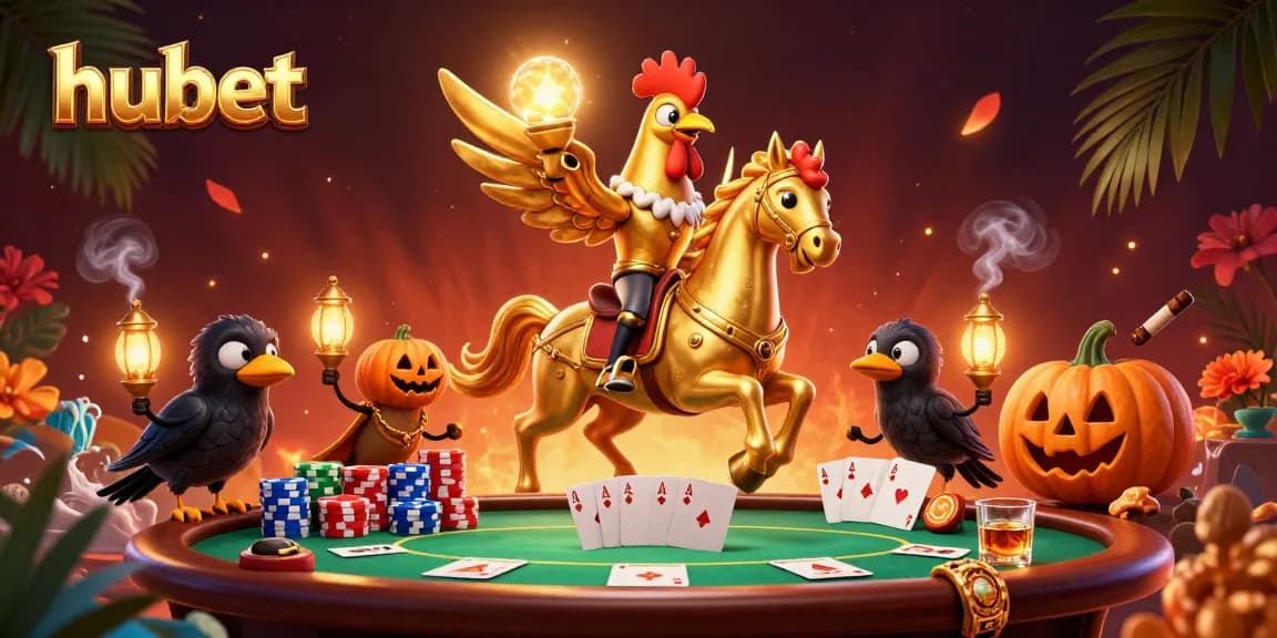 Engage in thrilling hubet gameplay with a golden rooster and spectral horse in a midnight casino.
