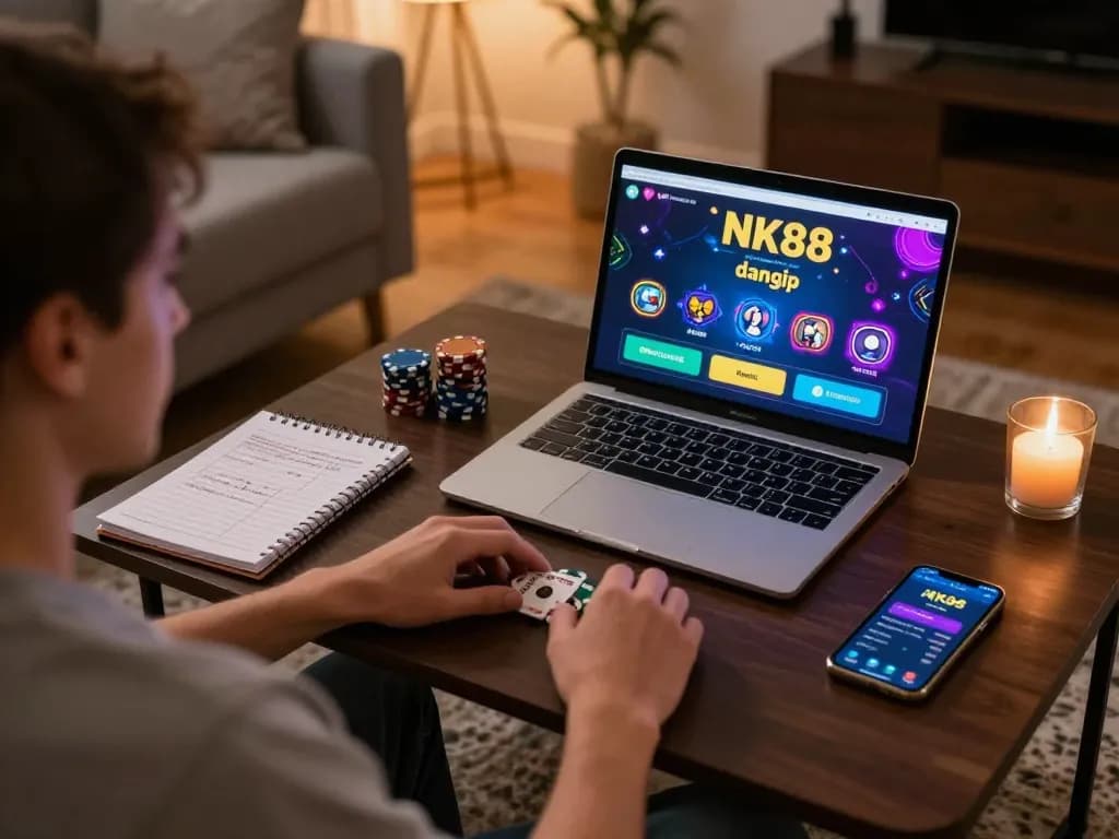 Engaging in online gambling at home with NK88 đăng nhập, showing a player focused on poker game interface and strategy notes.