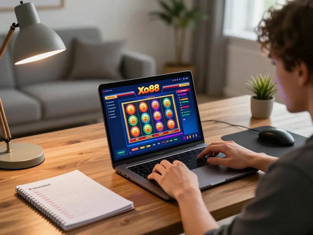 Player enjoying Xo88 online slots at home, showcasing engaging gameplay and strategic notes.