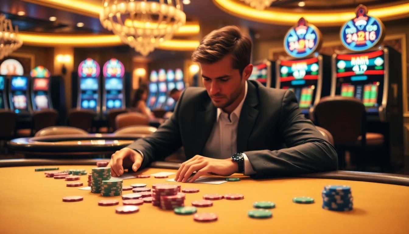 Enthusiastic player at a Haywin poker table, enjoying a thrilling gambling experience.