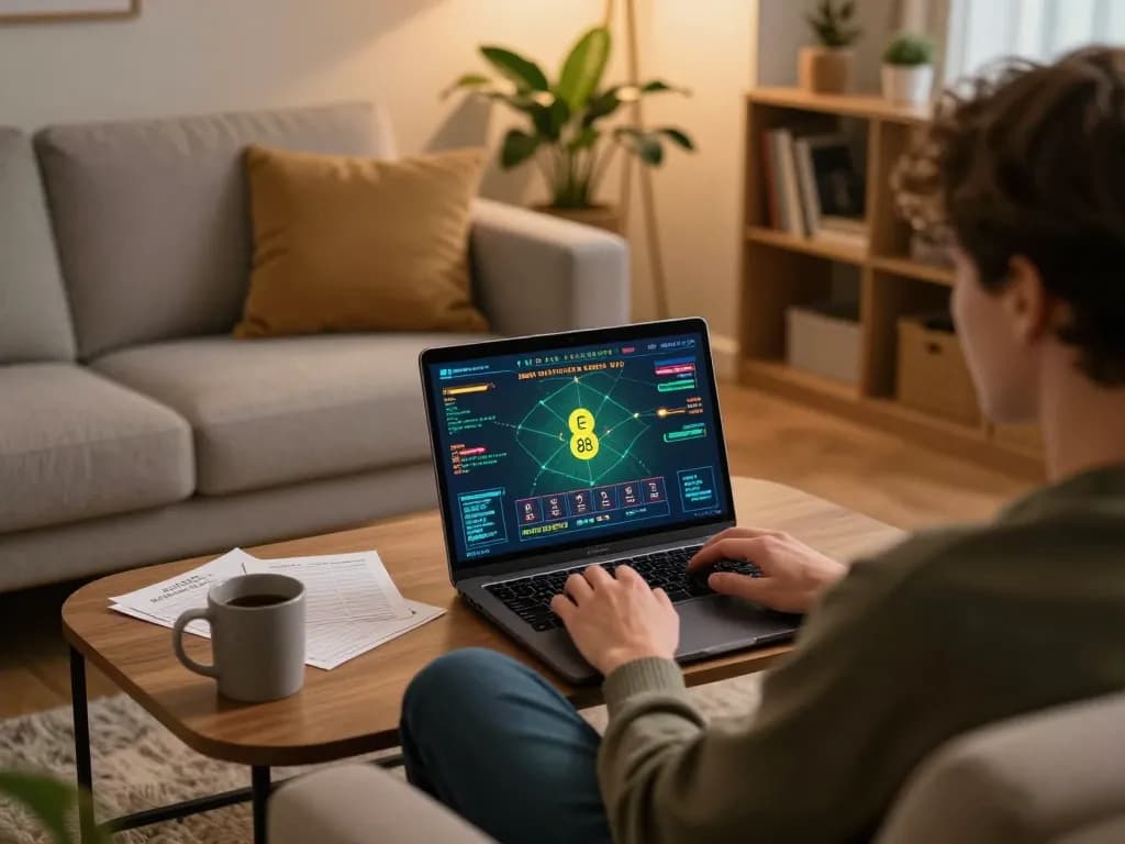 Enjoying online gambling on ee88, a player engages with an interactive gaming interface in a cozy home setting.