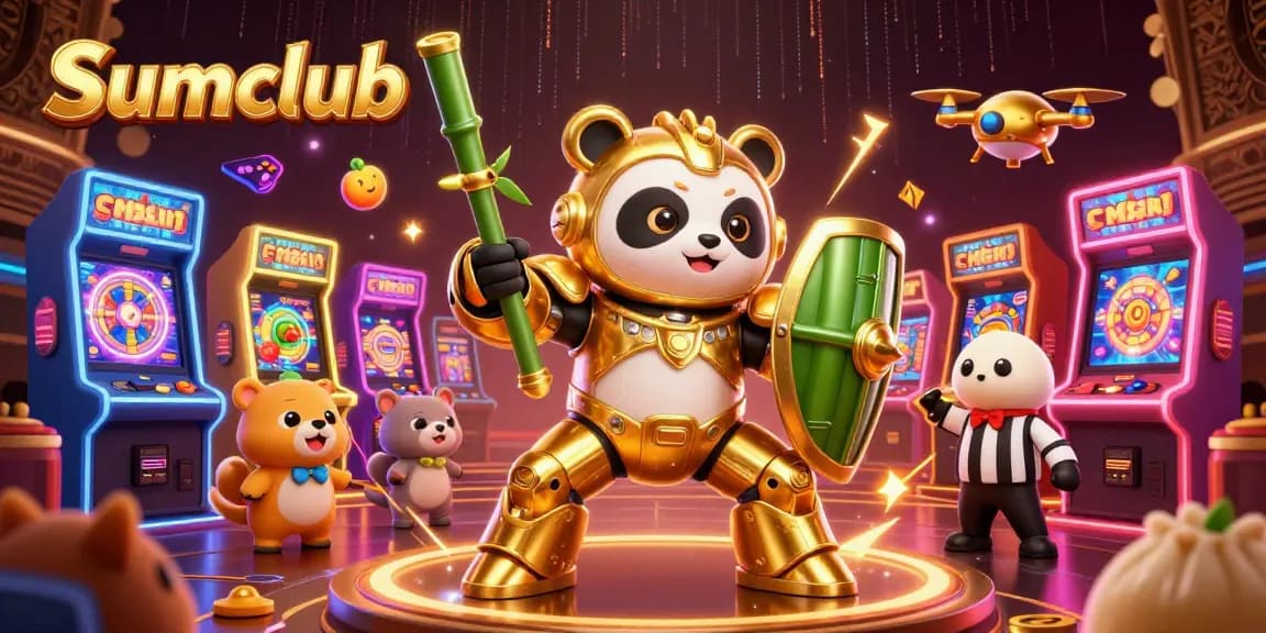 Engaging scene of Sumclub's mech-suit panda in a colorful casino arena with slot machines and jackpot counters.