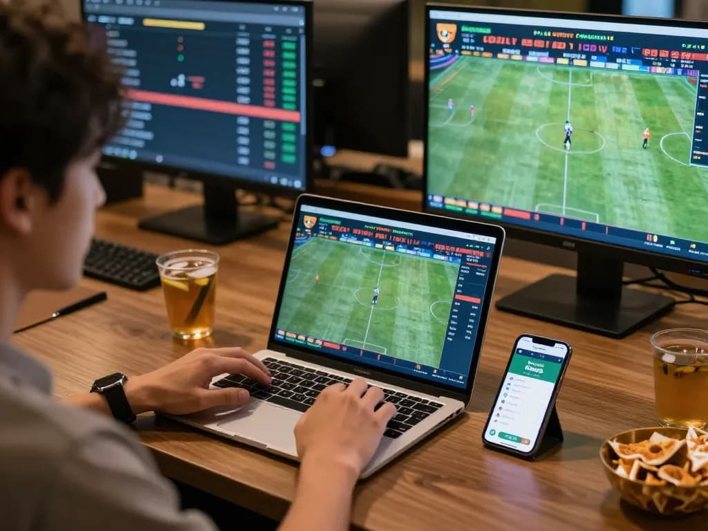 Person analyzing live sports odds and statistics on Bongdallu app in modern betting setup