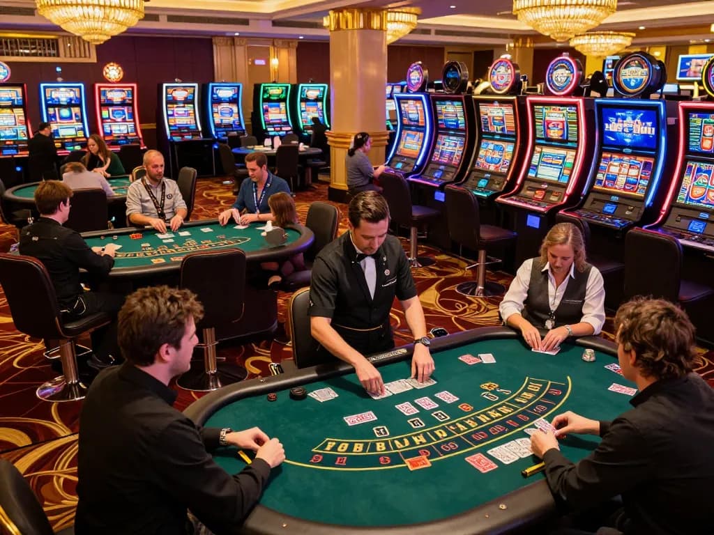 A lively casino experience at https://7m.us.com/ showcasing players engaged in blackjack with dynamic dealer interaction and vibrant slot machines.