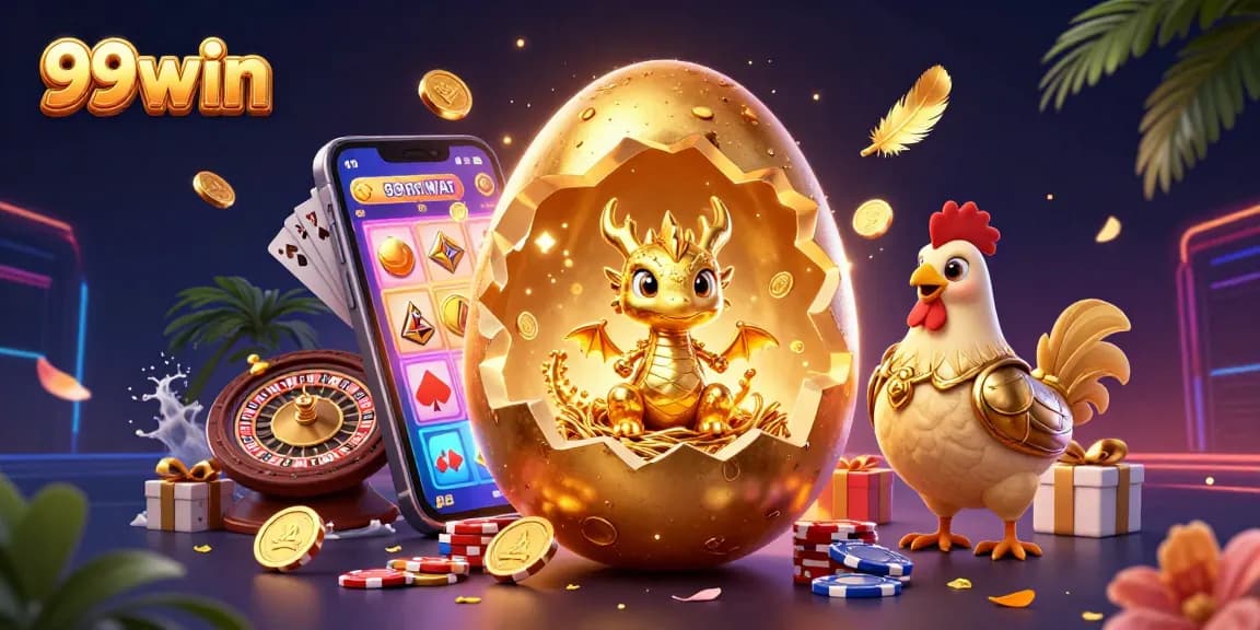Spin thrilling slots with 99win as golden dragon and poker chips make a festive scene.